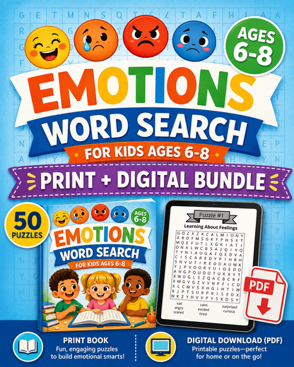 Emotions Word Search Print + Digital Bundle | 50 Puzzles for Ages 6–8